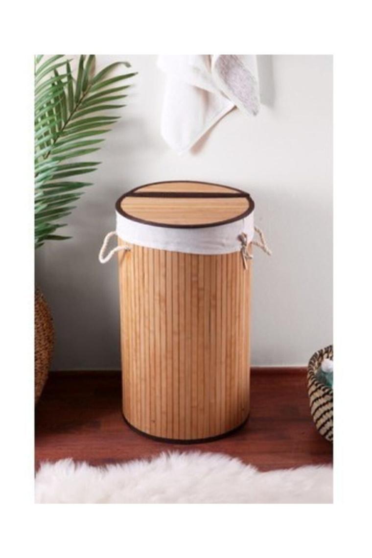 35 x 50 Bambu Katlanır Çamaşır Sepeti-kirli Sepeti-yuvarlak-köşe Sepeti(krem Rengi) Ahşap 50 L Beya