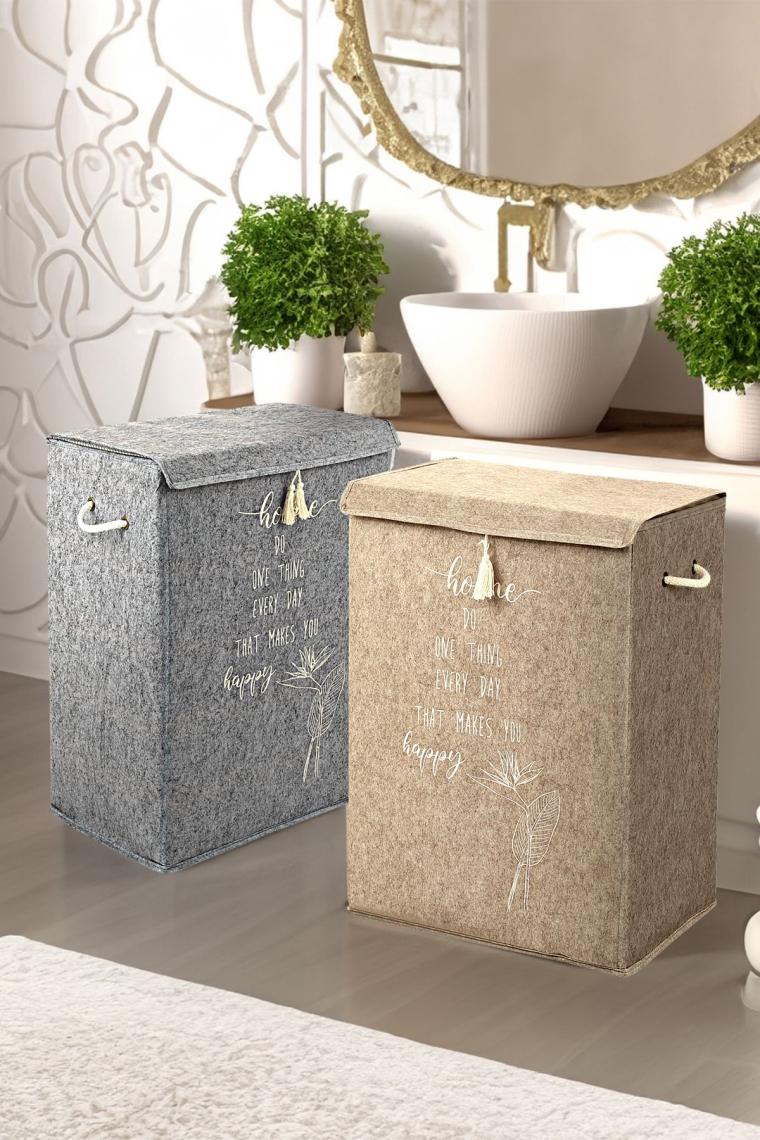 2'li Set Keçe Kapaklı Kirli Çamaşır Sepeti - Çok Amaçlı Saklama Kutusu Mega Hurç 55 X 41 X 30 Cm