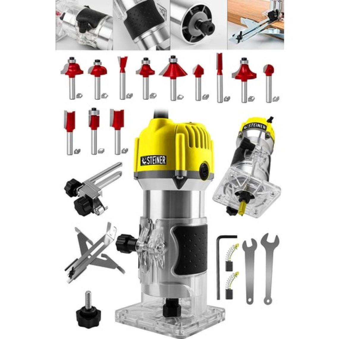 Steiner Alman 3000 Watt 6 Kademe Devir Ayarlı Formika Traşlama Freze Makinesi 6 mm Pens + 12 Adet Uç