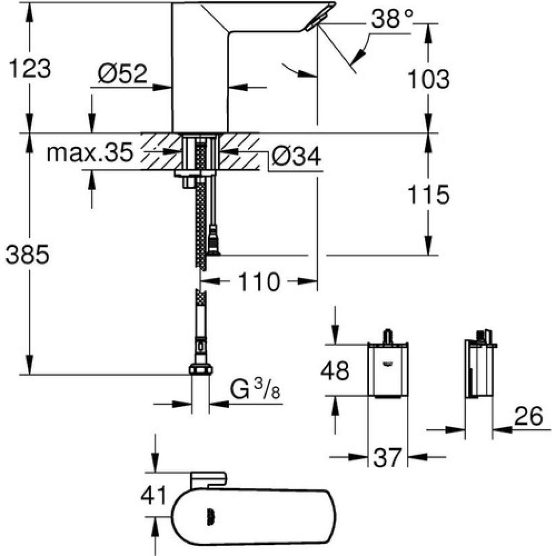 Grohe Bau Cosmo. E Fotoselli, Çift Su Girişli Lavabo Musluğu Pilli-36451000