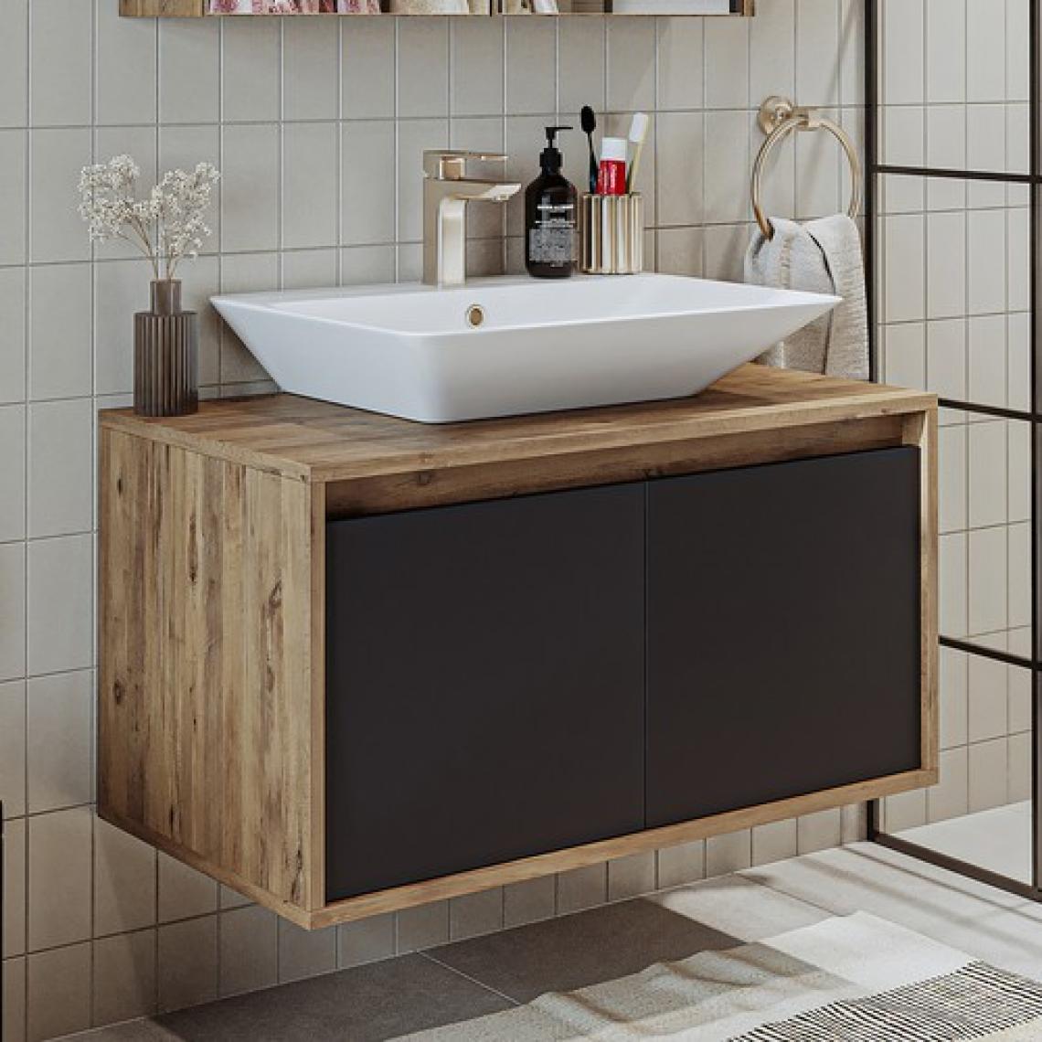 Banos Banyo Roomart Ld7 Ayaksız 2 Kapaklı Lavabolu Ahşap-Antrasit Mdf 85 cm Banyo Dolabı BANOS1706