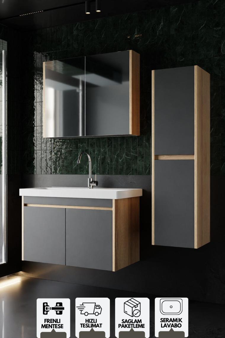 Karen Banyo Dallas 80 cm Lavabolu Aynalı Banyo Dolabı Lavabo Dahil Boy Dolabı Dahil S.meşe-Antrasit