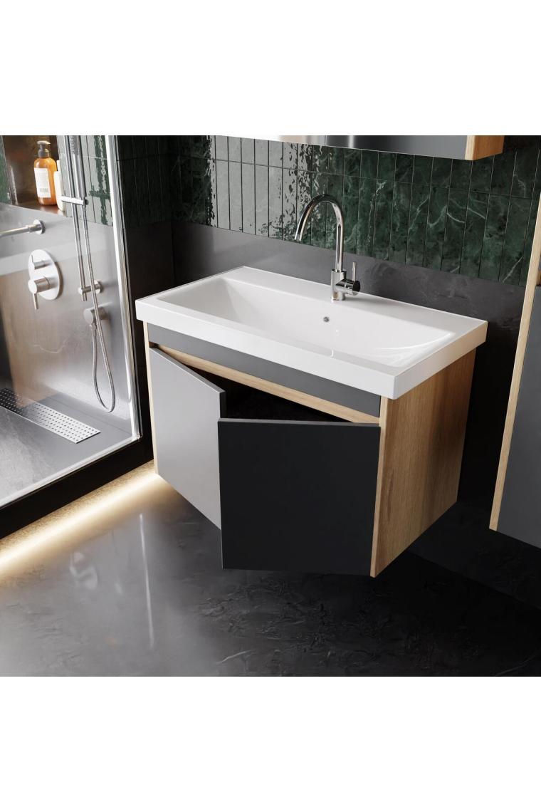 Karen Banyo Dallas 80 cm Lavabolu Aynalı Banyo Dolabı Lavabo Dahil Boy Dolabı Dahil S.meşe-Antrasit