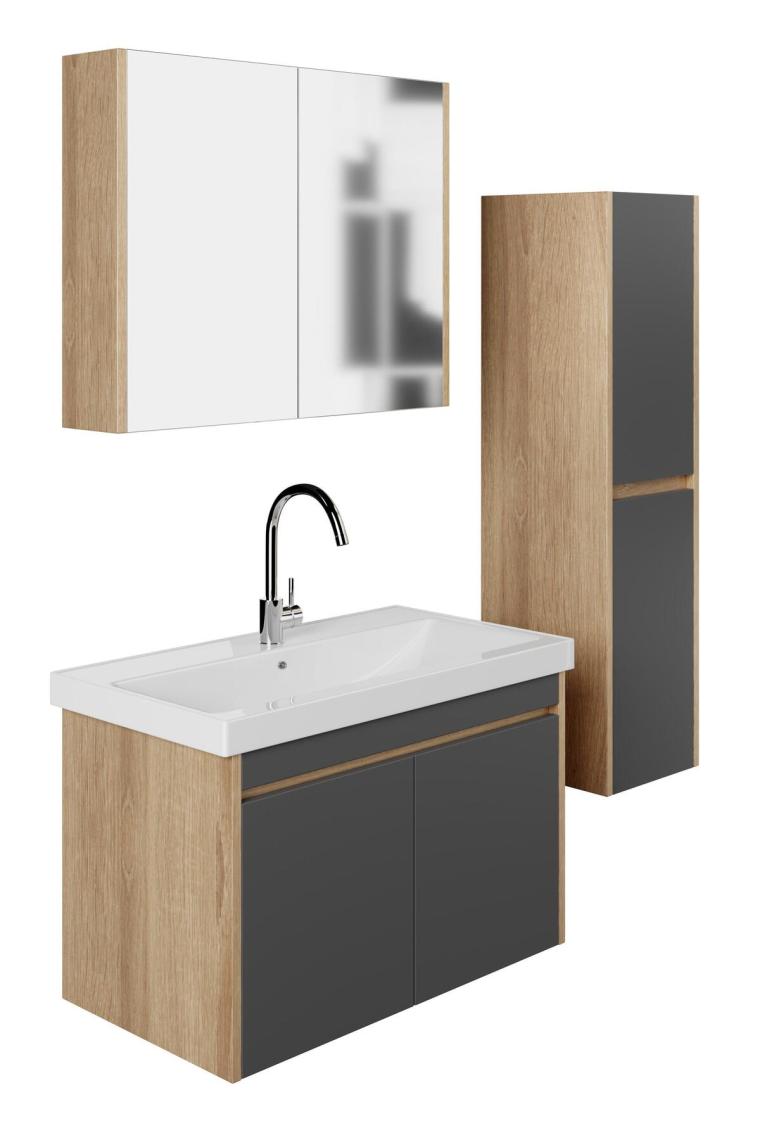 Karen Banyo Dallas 80 cm Lavabolu Aynalı Banyo Dolabı Lavabo Dahil Boy Dolabı Dahil S.meşe-Antrasit