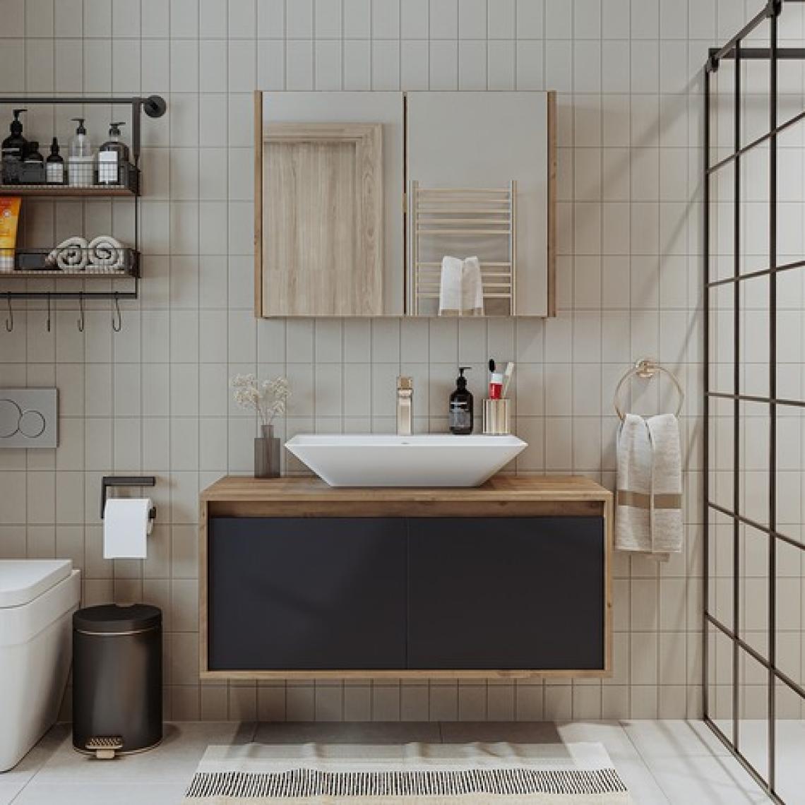 Banos Banyo Roomart Tm7.2 Lavabolu Ahşap-Antrasit Mdf 100 cm Banyo Dolabı + Aynalı Banyo Üst Dolabı BANOS1709