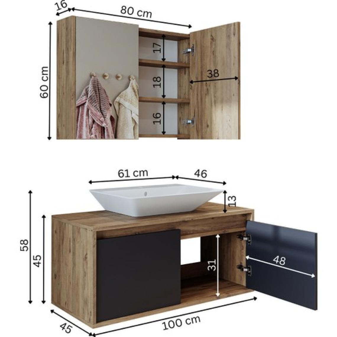 Banos Banyo Roomart Tm7.2 Lavabolu Ahşap-Antrasit Mdf 100 cm Banyo Dolabı + Aynalı Banyo Üst Dolabı BANOS1709