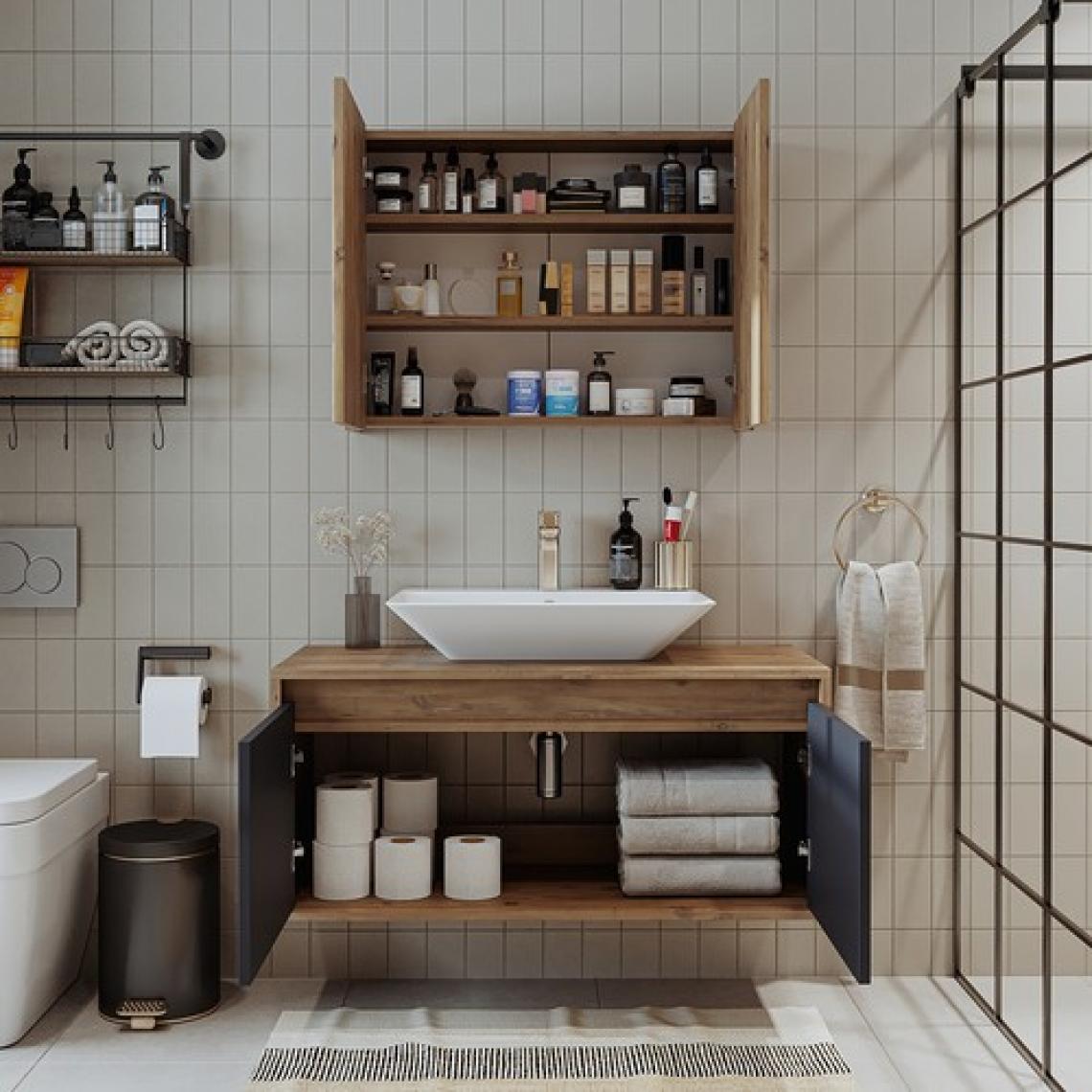 Banos Banyo Roomart Tm7.2 Lavabolu Ahşap-Antrasit Mdf 100 cm Banyo Dolabı + Aynalı Banyo Üst Dolabı BANOS1709