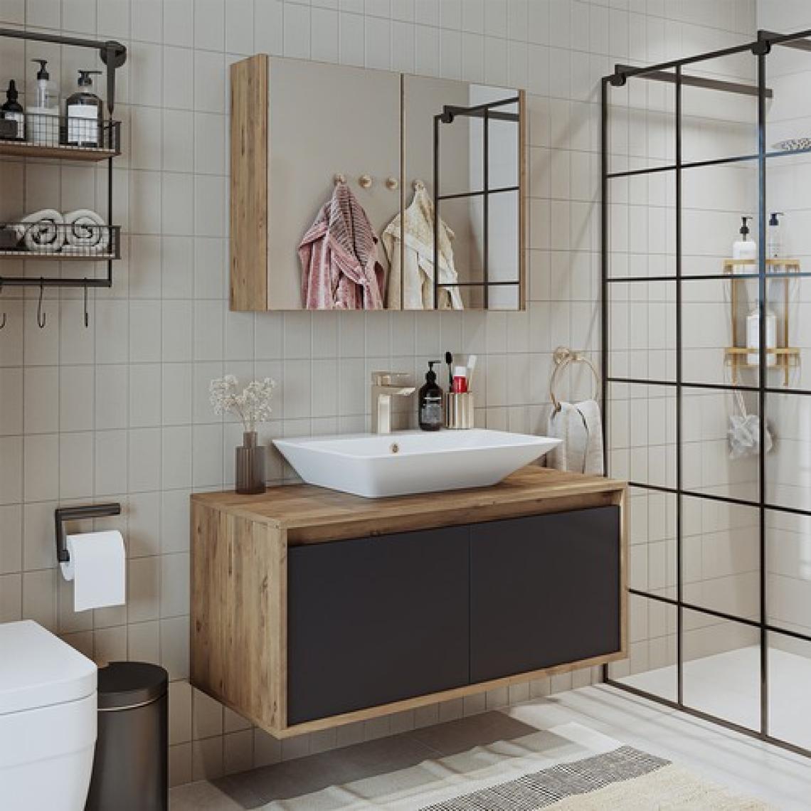 Banos Banyo Roomart Tm7.2 Lavabolu Ahşap-Antrasit Mdf 100 cm Banyo Dolabı + Aynalı Banyo Üst Dolabı BANOS1709