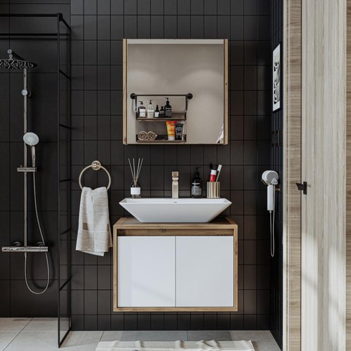 Banos Banyo Roomart Tm7.2 Ayaksız 2 Kapaklı Lavabolu Ahşap-Mat Beyaz Mdf 65 cm Banyo Dolabı + Aynalı Banyo Üst Dolabı