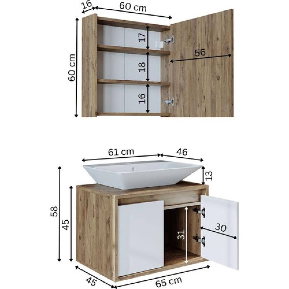 Banos Banyo Roomart Tm7.2 Ayaksız 2 Kapaklı Lavabolu Ahşap-Mat Beyaz Mdf 65 cm Banyo Dolabı + Aynalı Banyo Üst Dolabı