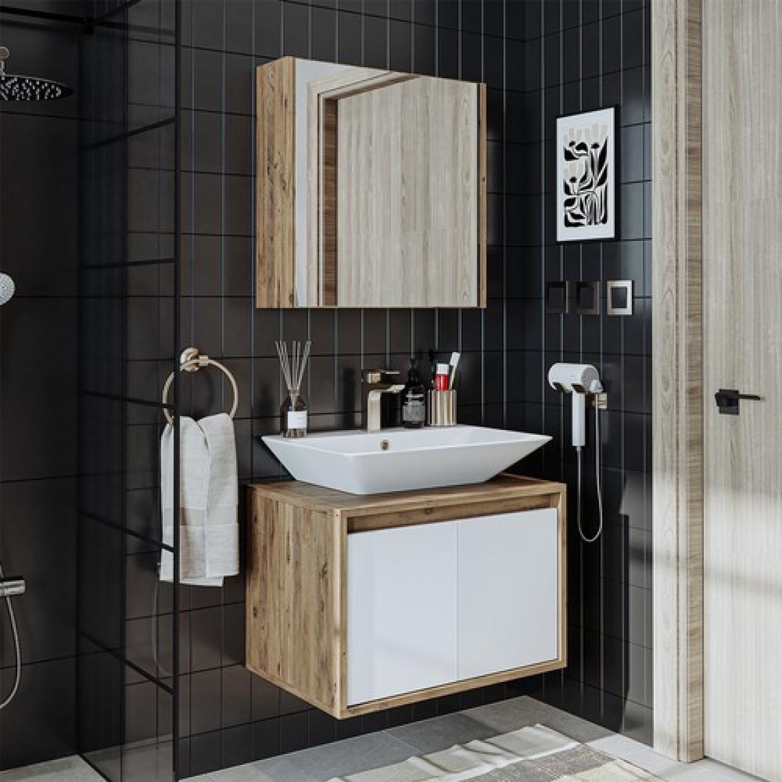 Banos Banyo Roomart Tm7.2 Ayaksız 2 Kapaklı Lavabolu Ahşap-Mat Beyaz Mdf 65 cm Banyo Dolabı + Aynalı Banyo Üst Dolabı