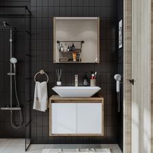 Banos Banyo Roomart Tm7.2 Ayaksız 2 Kapaklı Lavabolu Ahşap-Mat Beyaz Mdf 65 cm Banyo Dolabı + Aynalı Banyo Üst Dolabı
