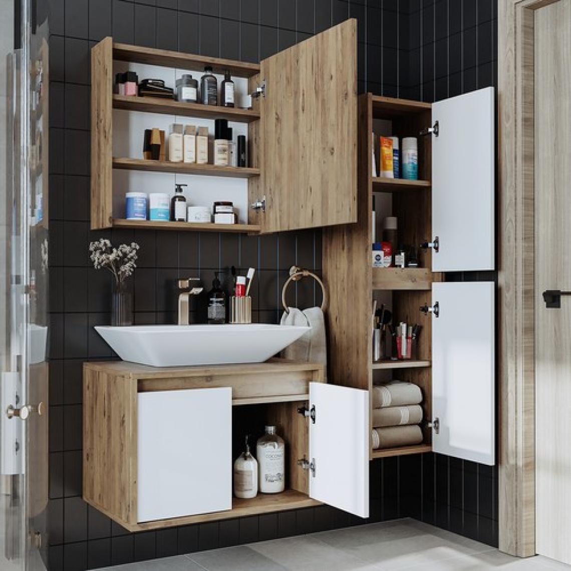 Banos Banyo Roomart tm7.3 Lavabolu Ahşap-Mat Beyaz Mdf 65 cm Banyo Dolabı+Aynalı Banyo Üst Dolap+Banyo Boy Dolabı