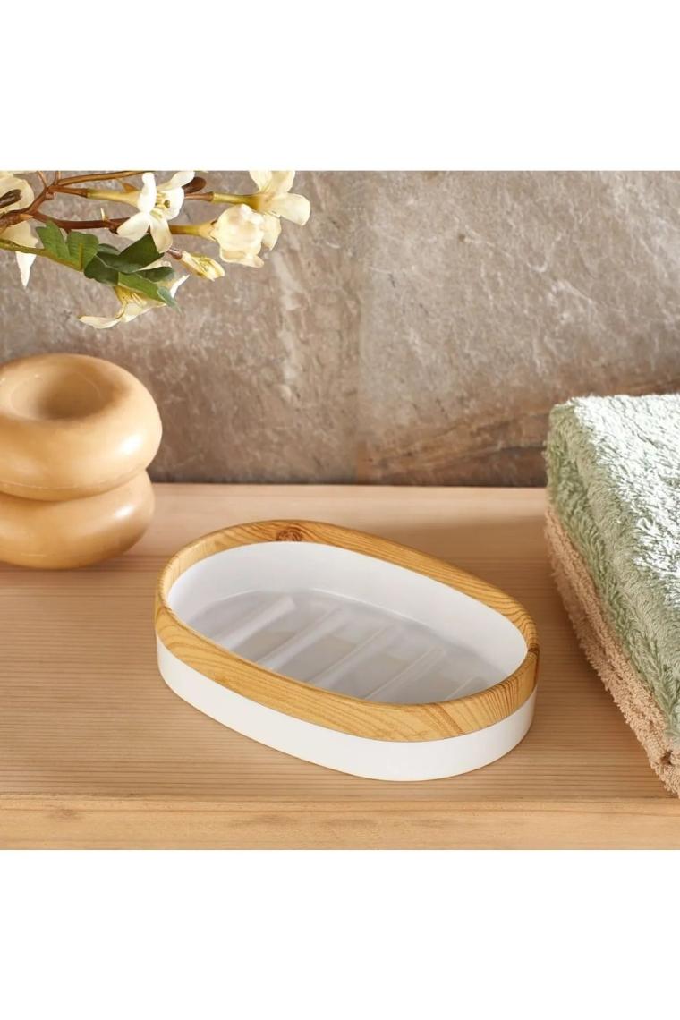Mutfak Köşesi Limpia Bambu Desenli Beyaz 5'li Banyo Seti Çöp Kovası, Sıvı Sabunluk, Diş Fırçalık