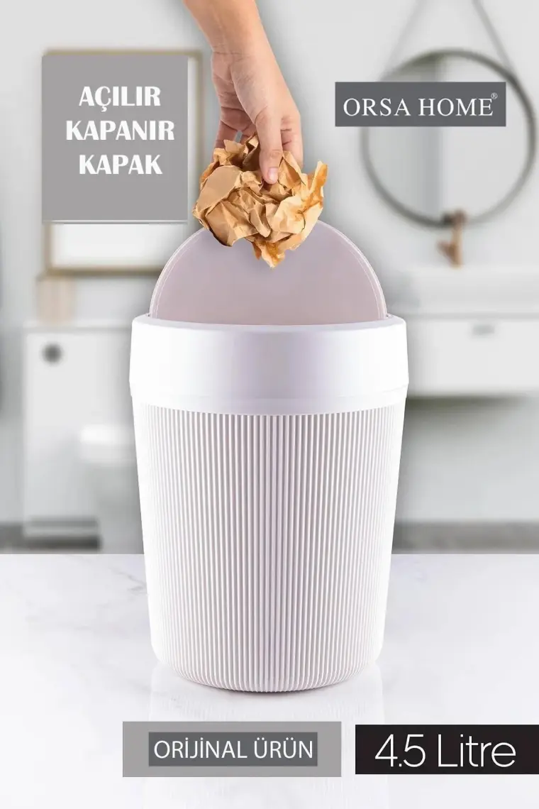 Orsa Home 4.5 Lt Beyaz Çizgi Desen Banyo, Mutfak, Ofis Çöp Kovası
