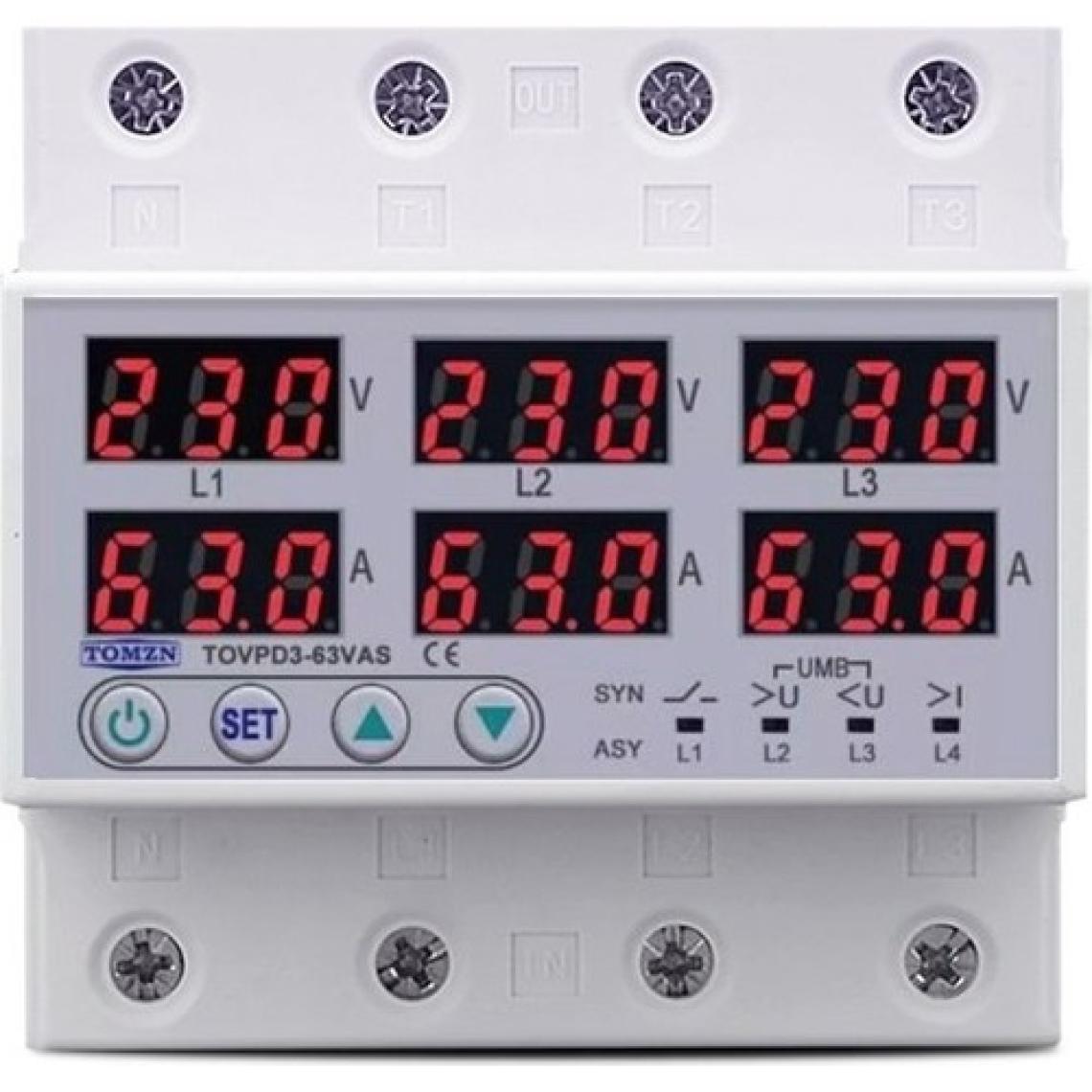 Tomzn Trifaz Ayrışık Voltaj ve Akım Koruma Rölesi 63A Yüksek Alçak Gerilim ve Akım Koruyucu Röle - Ev Tipi - Elektrik Bekçisi - 3 Fazlı