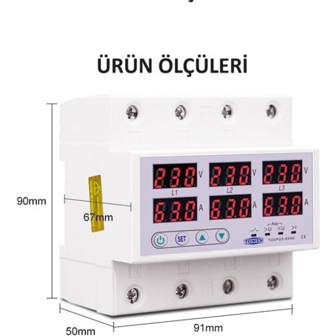 Tomzn Trifaz Ayrışık Voltaj ve Akım Koruma Rölesi 63A Yüksek Alçak Gerilim ve Akım Koruyucu Röle - Ev Tipi - Elektrik Bekçisi - 3 Fazlı