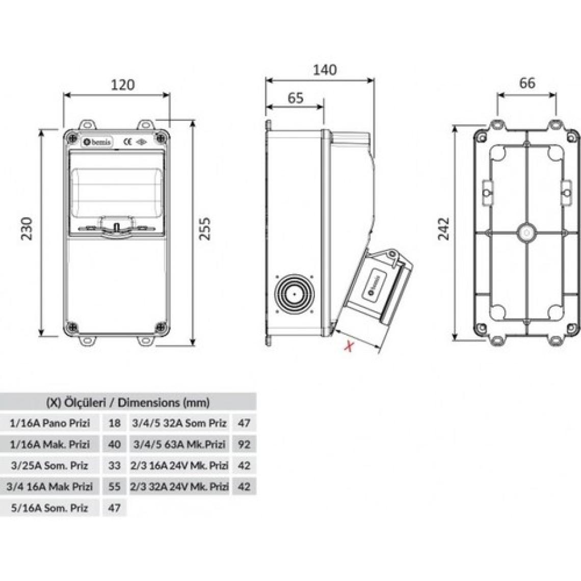 Bemis IP44 1 Adet Ön 5/32A 380V 2 Adet Yan 1/16A 220V Prizli V5 Kombinasyon Kutusu BD1-2134-2020