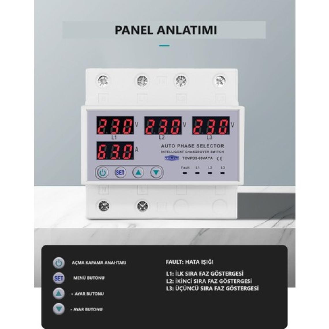 Tomzn Otomatik Faz Seçici ve Yüksek Alçak Voltaj Akım Koruma Rölesi 63A Dahili Kontaktör