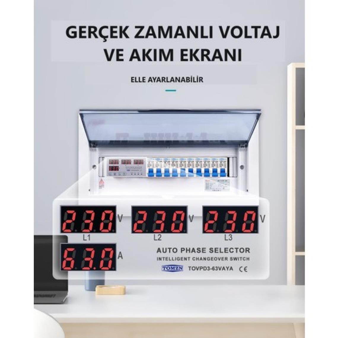 Tomzn Otomatik Faz Seçici ve Yüksek Alçak Voltaj Akım Koruma Rölesi 63A Dahili Kontaktör