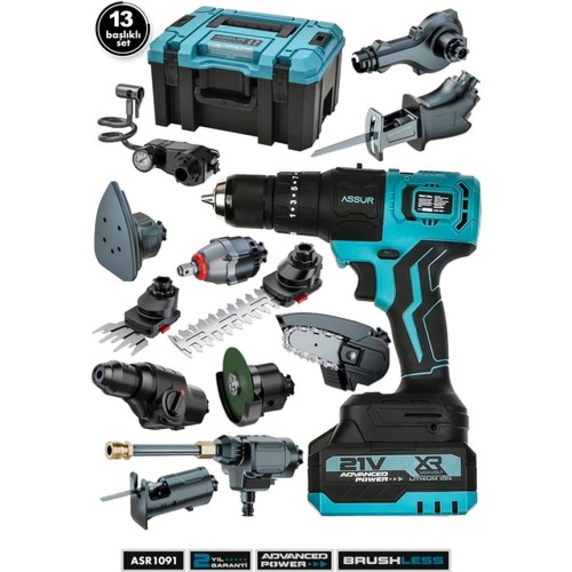 Assur Profesyonel 21V Çift Akülü Kömürsüz Şarjlı Muhteşem 13 Başlıklı Set