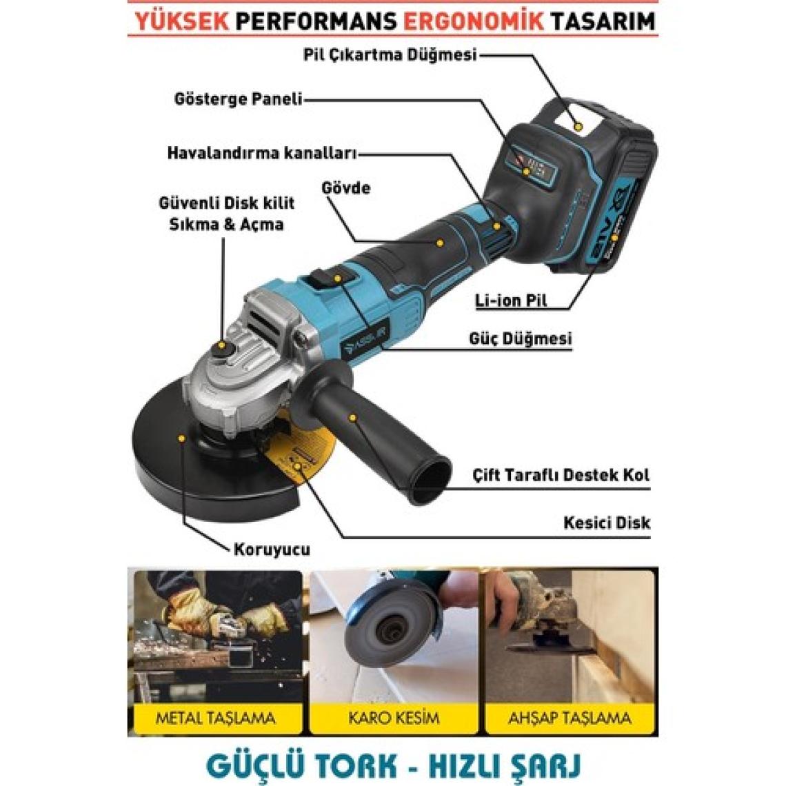 Assur 21V Çift Akülü 125mm Kömürsüz Şarjlı Taşlama