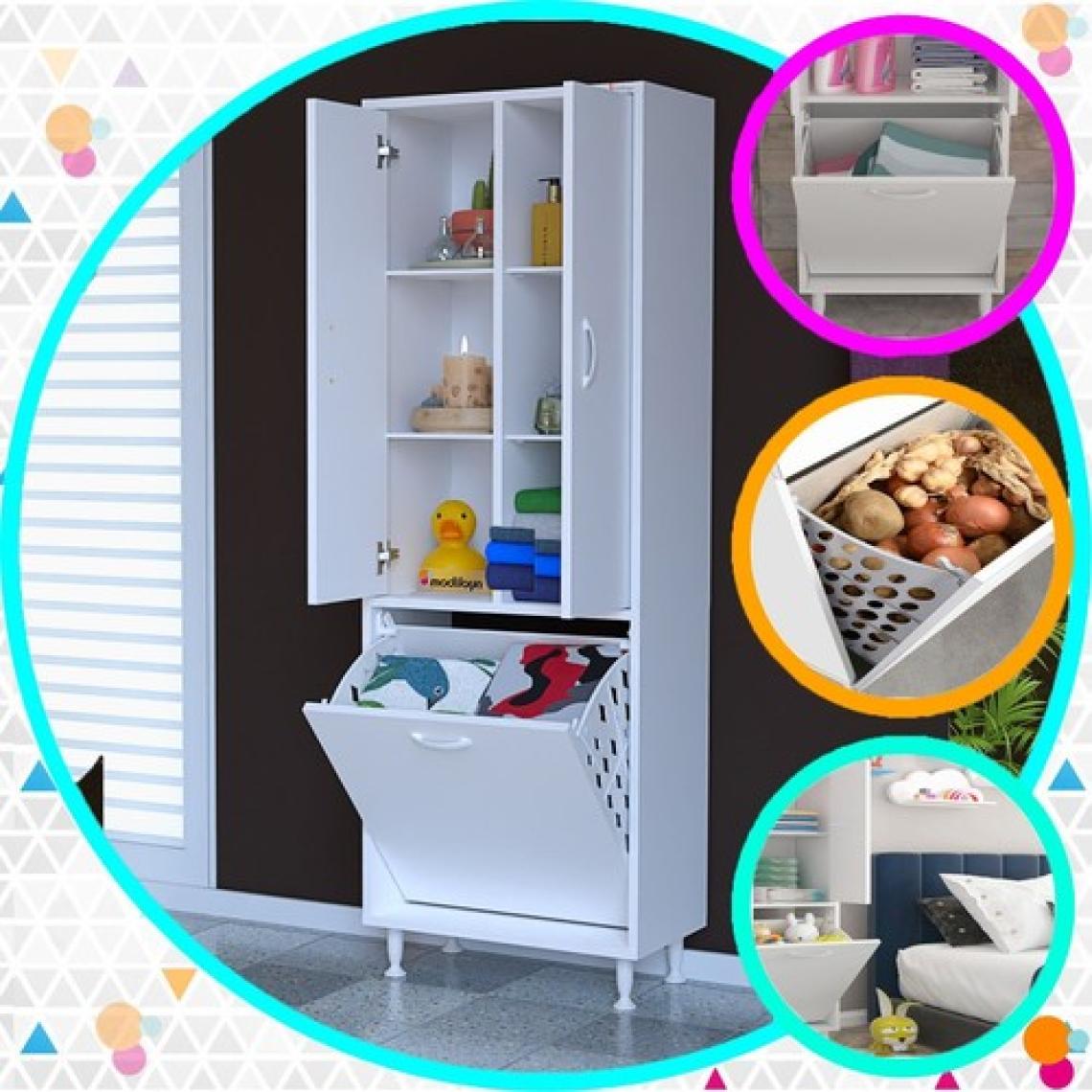 Yeni Inci 57X165 cm Üç Kapaklı Çok Amaçlı Kirli Çamaşır Sepetli Banyo Dolabı
