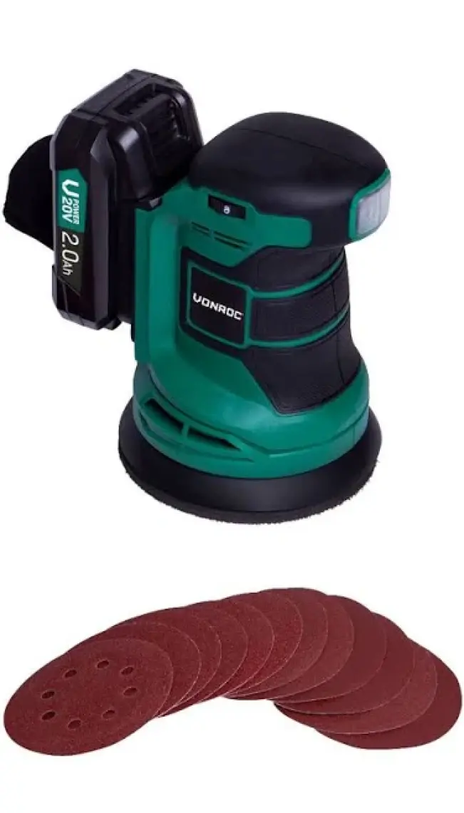 Vonroc Eksantrik Zımpara – Vpower 20V - Dahil. 2.0AH Akü ve Şarj Cihazı - Ø125MM - Toz Torbası ve 12 Adet Zımpara Kağıdı ile