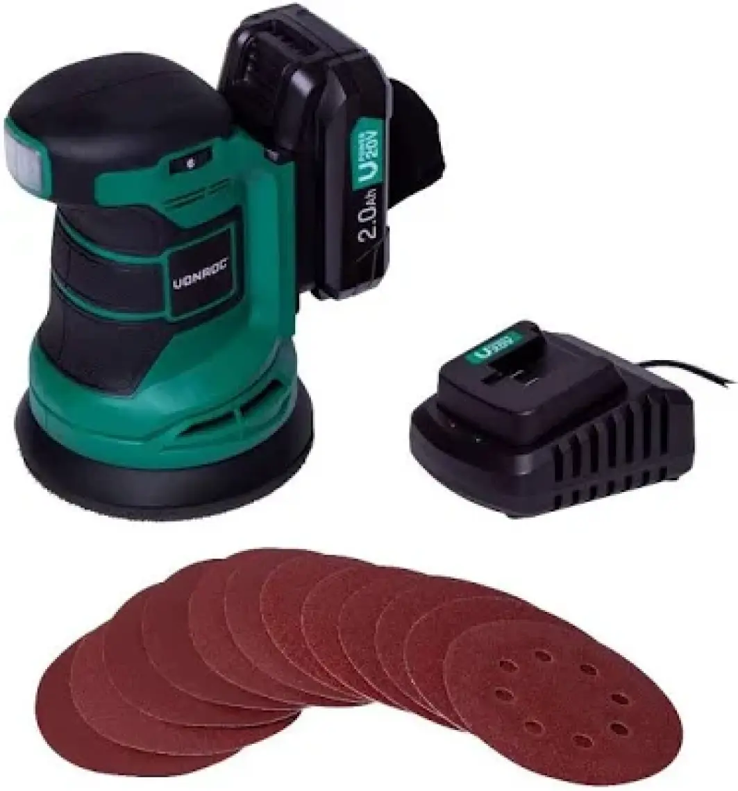 Vonroc Eksantrik Zımpara – Vpower 20V - Dahil. 2.0AH Akü ve Şarj Cihazı - Ø125MM - Toz Torbası ve 12 Adet Zımpara Kağıdı ile