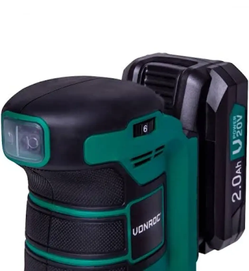 Vonroc Eksantrik Zımpara – Vpower 20V - Dahil. 2.0AH Akü ve Şarj Cihazı - Ø125MM - Toz Torbası ve 12 Adet Zımpara Kağıdı ile