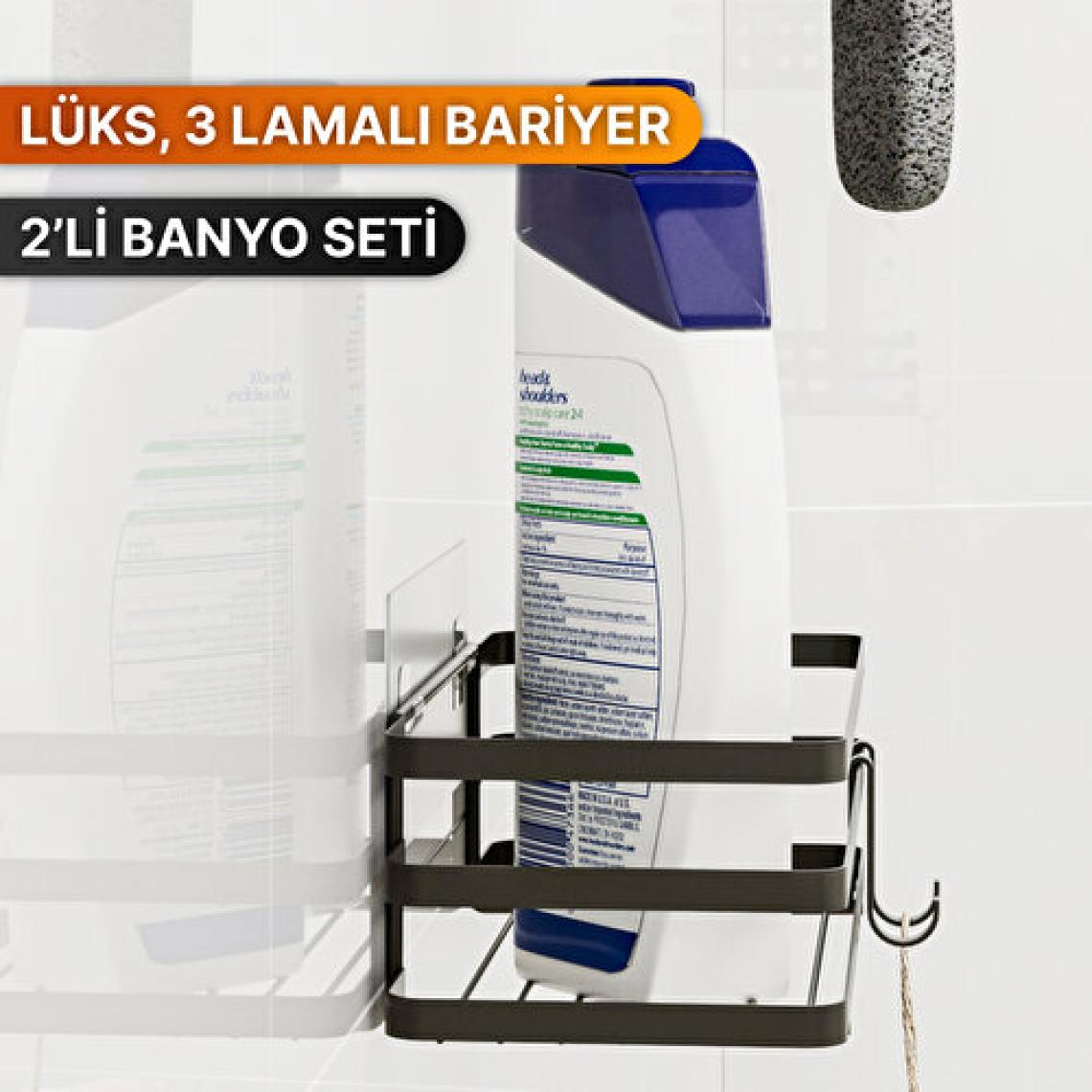 Bino Banyo Düzenleyici Şampuanlık Sabunluk 2'li Set Lamalı Yapışkanlı 4 Askılı Duş Rafı Organizer