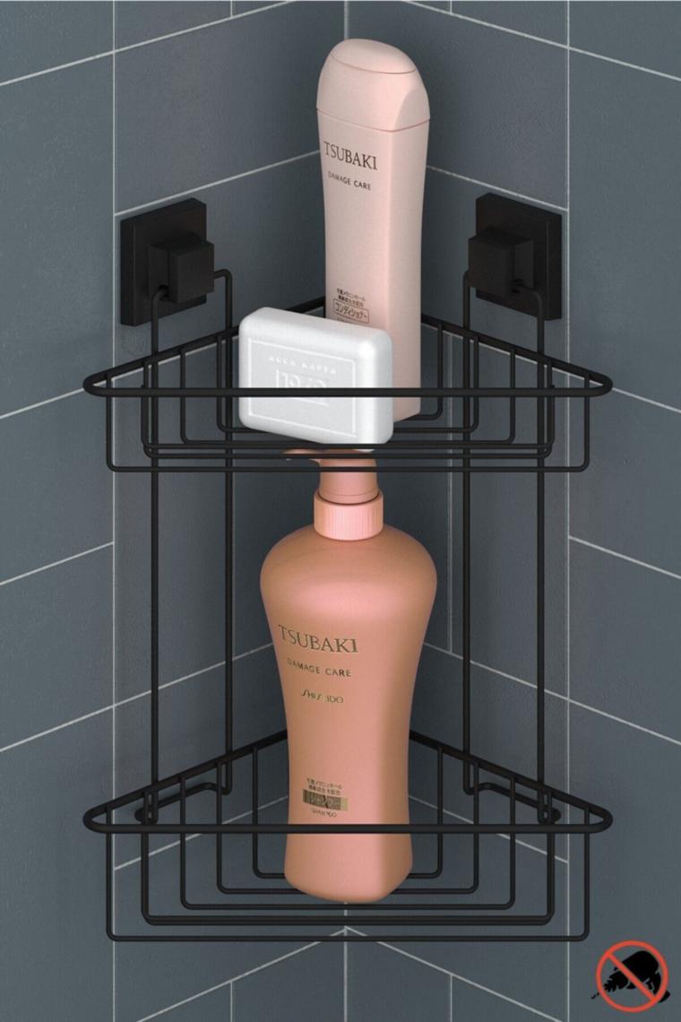 Delme Vida Matkap Yok! Easyfıx Yapışkanlı iki Katlı Banyo Köşe Rafı Mat Siyah Ef257