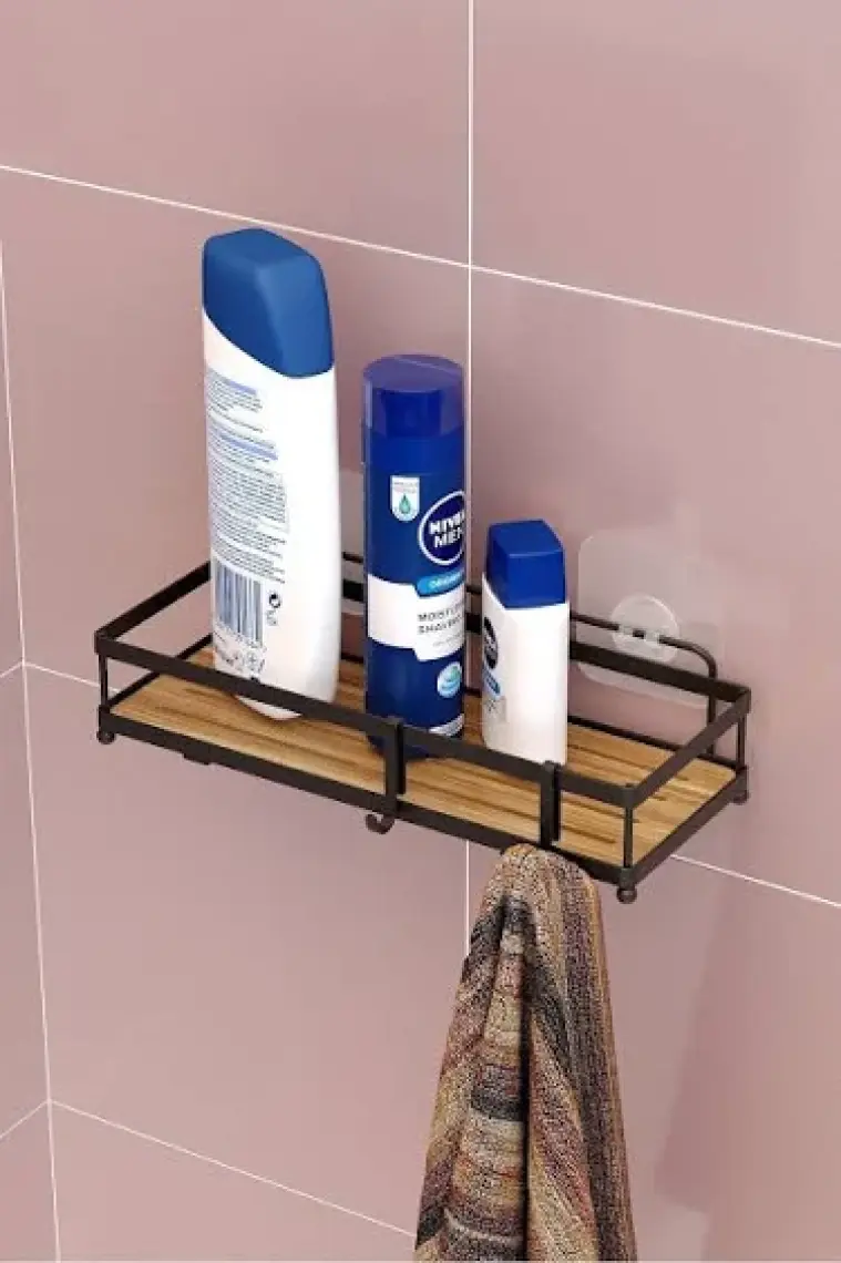 Teknotel Ahşap Görünümlü Kancalı Banyo Duş Rafı