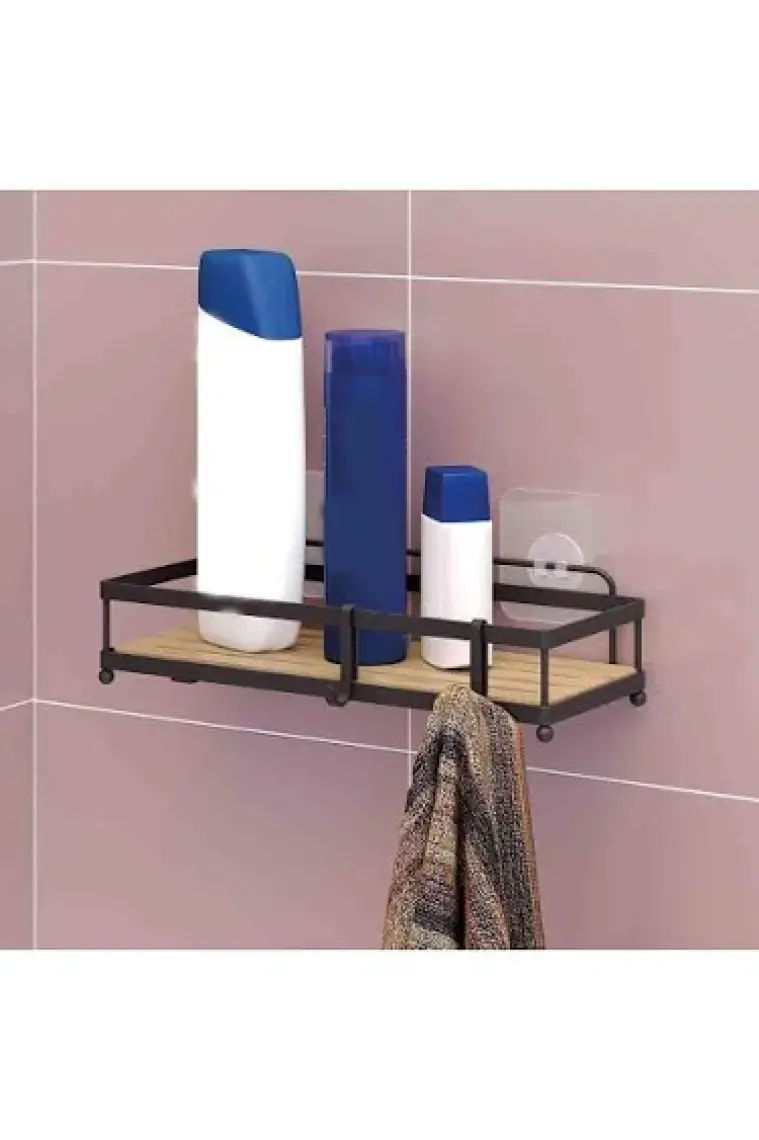 Teknotel Ahşap Görünümlü Kancalı Banyo Duş Rafı