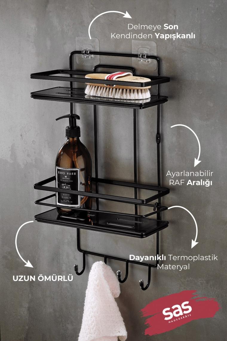 Sas Haus Yapışkanlı Ömür Boyu Paslanmaz Kristal Ayarlanabilir Raf Banyo Düzenleyici Şampuanlık Siyah Lş-02 Ss
