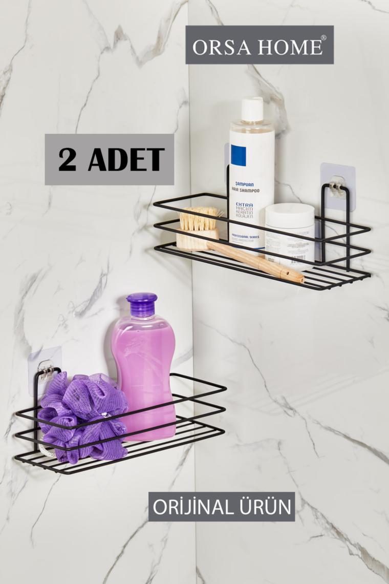 Orsa Home 2 Adet 926 Güçlü Magic Yapışkanlı Siyah Dikdörtgen Banyo Rafı