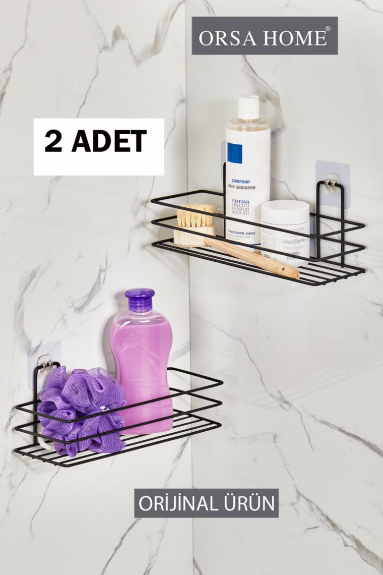 Orsa Home 2 Adet 926 Güçlü Magic Yapışkanlı Siyah Dikdörtgen Banyo Rafı