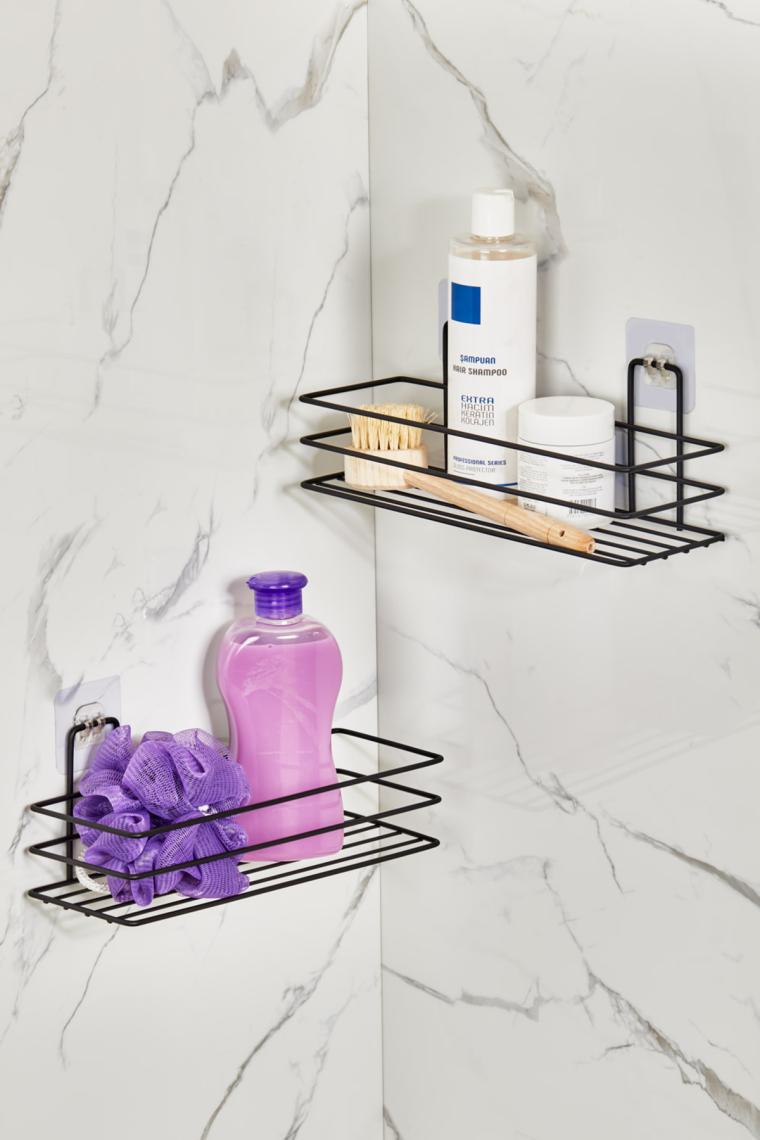 Orsa Home 2 Adet 926 Güçlü Magic Yapışkanlı Siyah Dikdörtgen Banyo Rafı