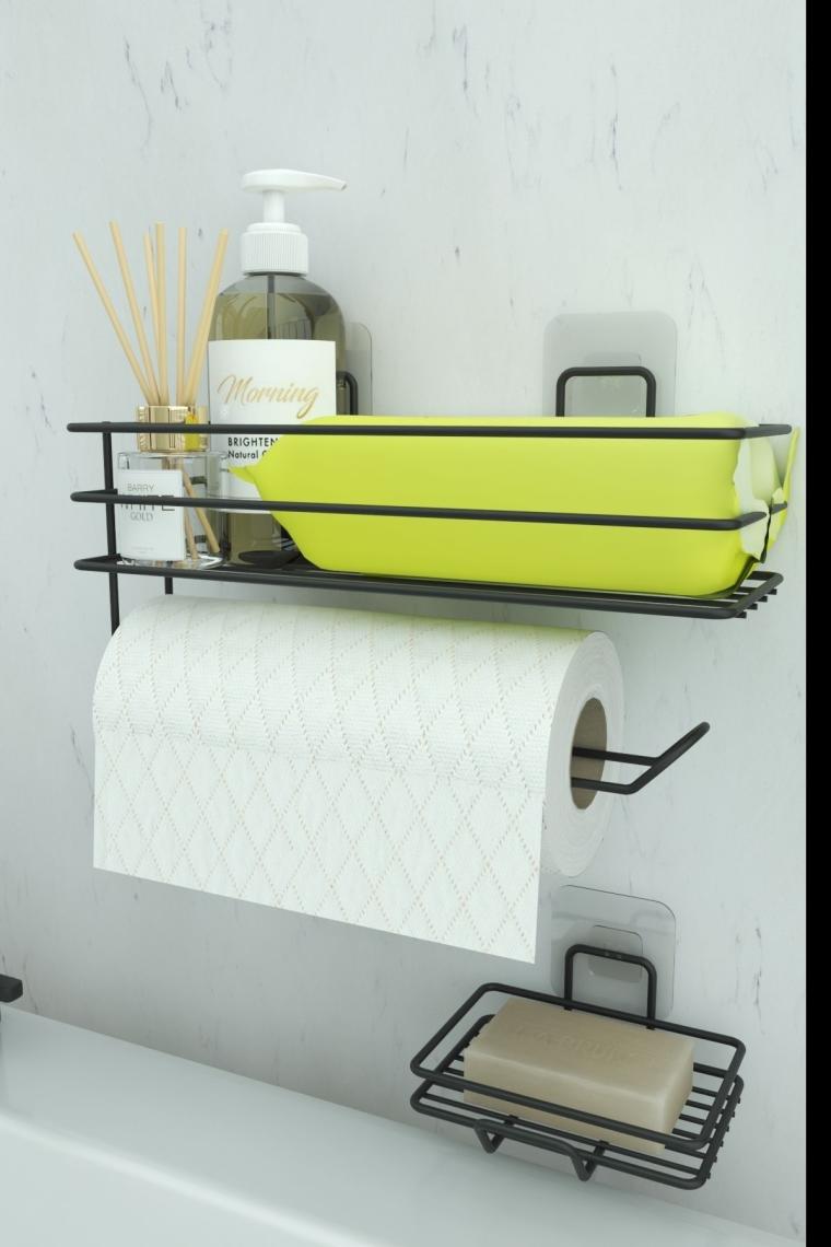 Zabata Yapışkanlı Banyo Rafı Kağıt Havlu Tutacağı ve Metal Sabunluk Set Düzenleyici