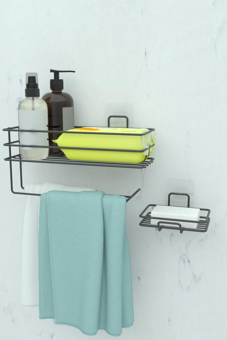 Zabata Yapışkanlı Banyo Rafı Kağıt Havlu Tutacağı ve Metal Sabunluk Set Düzenleyici