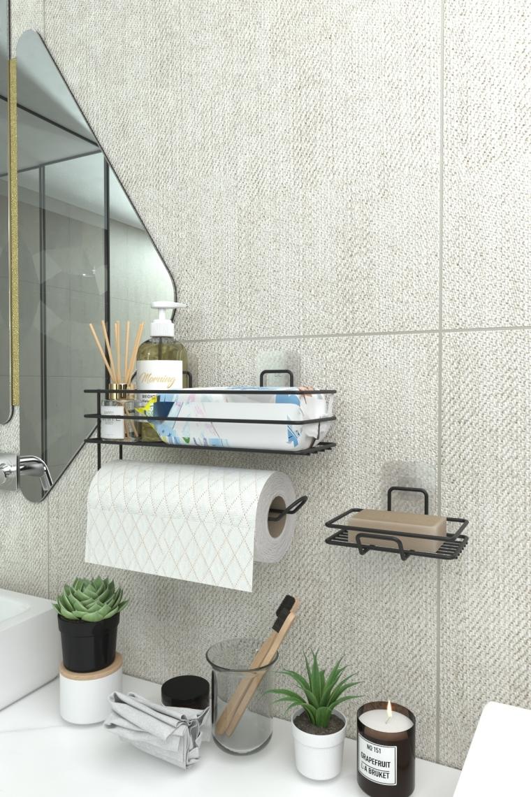 Zabata Yapışkanlı Banyo Rafı Kağıt Havlu Tutacağı ve Metal Sabunluk Set Düzenleyici