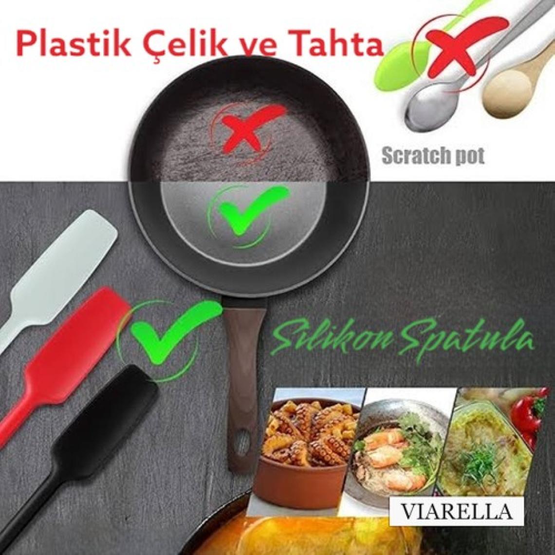 Viarella Silikon Kaşık Spatula Seti 6lı Yanmaz Yapışmaz Çizmez Fusya-Yeşil-Turuncu 27 cm