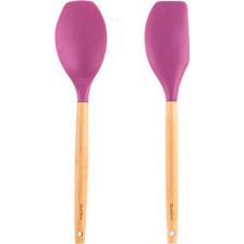 Tantitoni Bambu Saplı Vişne Renkli Silikon Büyük Kaşık ve Spatula Seti