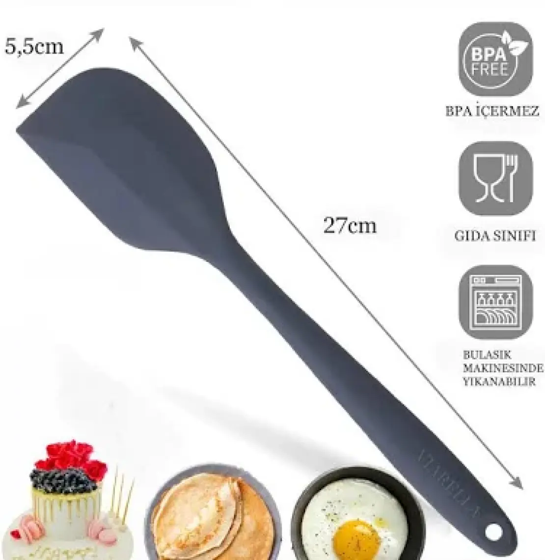 Viarella Büyük Boy Yanmaz Yapışmaz Silikon Spatula Seti 3lü Gri