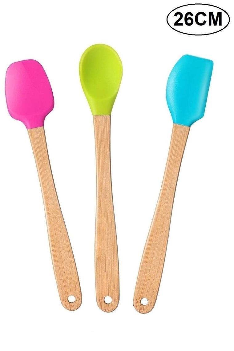 Indigo 3'lü Renkli Bambu Saplı Silikon Spatula Seti Uzun 26cm