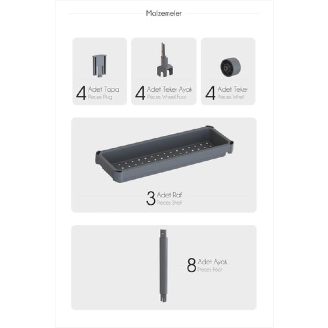 Trend Maison Çok Amaçlı Raf Ünitesi 3 Katlı Slim Tekerlekli Mutfak Banyo Düzenleyici Organizer Vesken Siyah