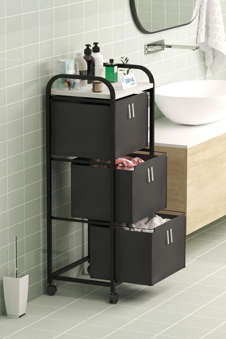 Dehalimited Üç Sepetli Frenli Tekerlekli Elbise Çamaşır Sepeti - Banyo Dolabı Kirli Sepetli Banyo Düzenleyici Dolap