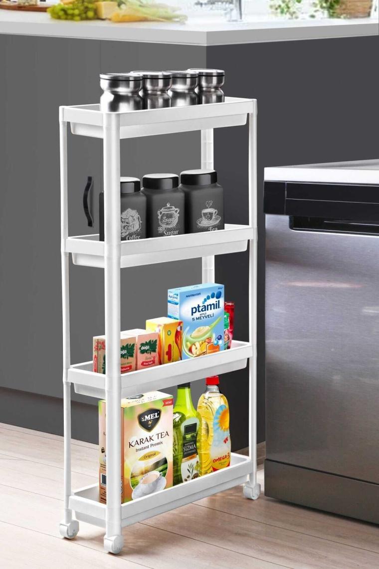 DEYHOME Tekerlekli Raf Ünitesi 4 Katlı Banyo Rafı Mutfak Rafı Servis Sehpası Çok Amaçlı Katlı Organizer Beyaz
