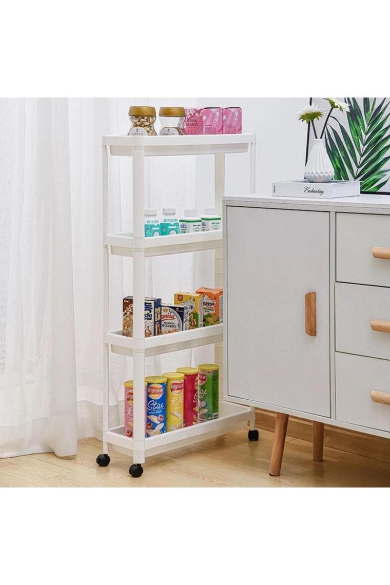 DEYHOME Tekerlekli Raf Ünitesi 4 Katlı Banyo Rafı Mutfak Rafı Servis Sehpası Çok Amaçlı Katlı Organizer Beyaz