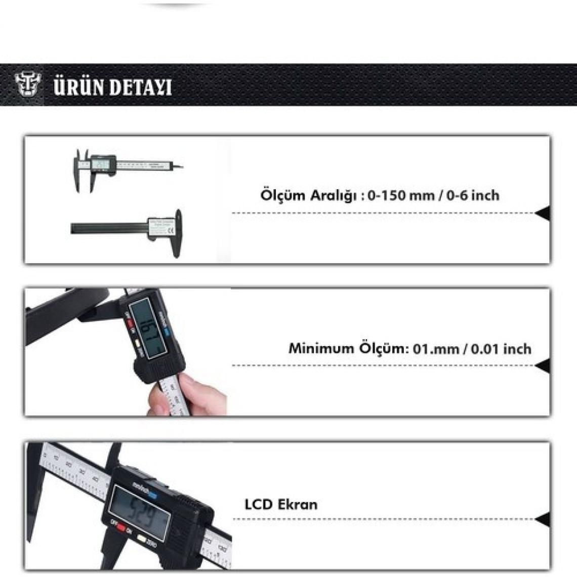 Wozlo Kumpas Dijital Karbon Fiber Hassas 150MM Kalınlık Ölçer Pil Dahil